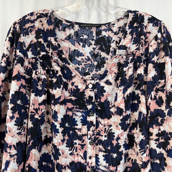Adrienne Vittadini Button Up Floral Top 3/4 Sleeve Blue/Multi Floral Large - Picture 2 of 9